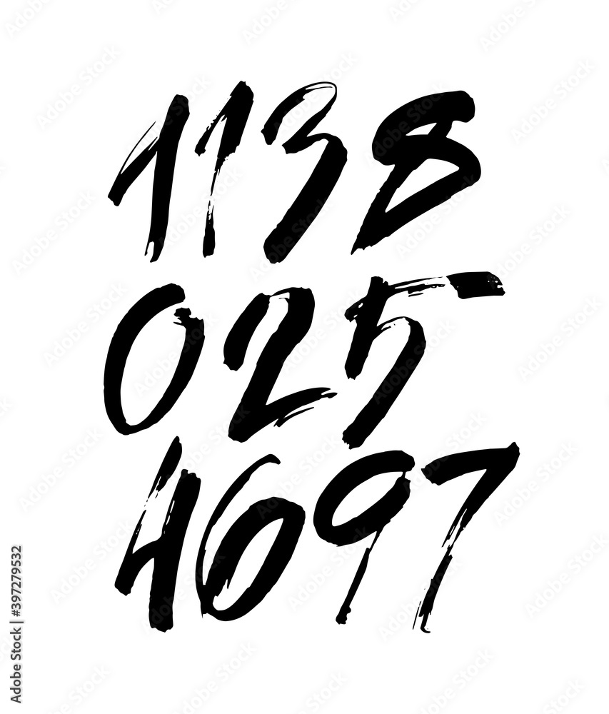 set of calligraphic acrylic or ink numbers. ABC for your design, brush lettering on a white background set of calligraphic acrylic or ink numbers. ABC for your design, brush lettering on a white background