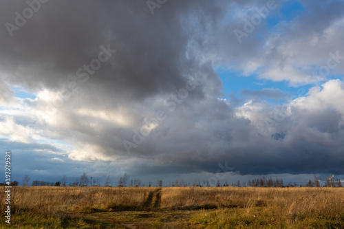 Dirt road stretching into the distance, the sky with thunderclouds