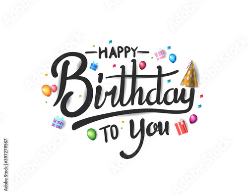 happy birthday typography black color vector design with birthday party element isolated on white background can be use for background, poster and template