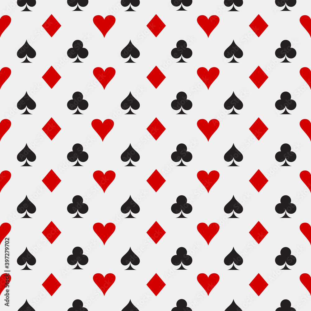 Seamless pattern of symbols of card suit - clubs, tambourines, spades, hearts on a white background.Vector graphics for design and decoration. Seamless pattern of symbols of card suit - clubs, tambourines, spades, hearts on a white background.Vector graphics for design and decoration.