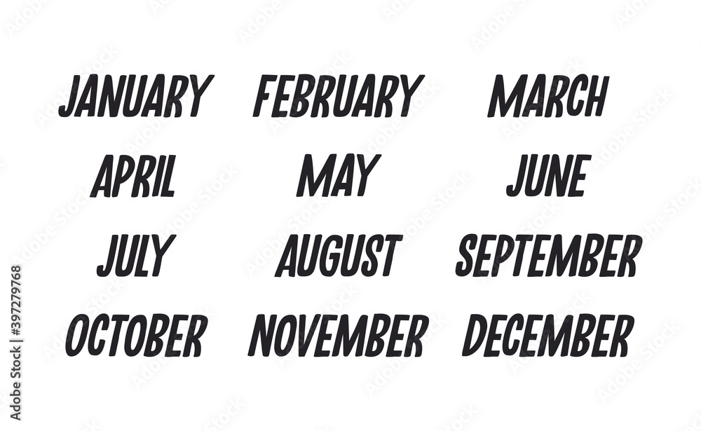 Handwritten names of months: December, January, February, March, April, May, June, July, August, September, October, November. Calligraphy words for calendars and organizers. Handwritten names of months: December, January, February, March, April, May, June, July, August, September, October, November. Calligraphy words for calendars and organizers.