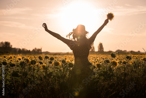 Back view silhouette of unrecognizable female in hat standing with arms raised among blooming sunflowers and enjoying freedom in summer evening in field