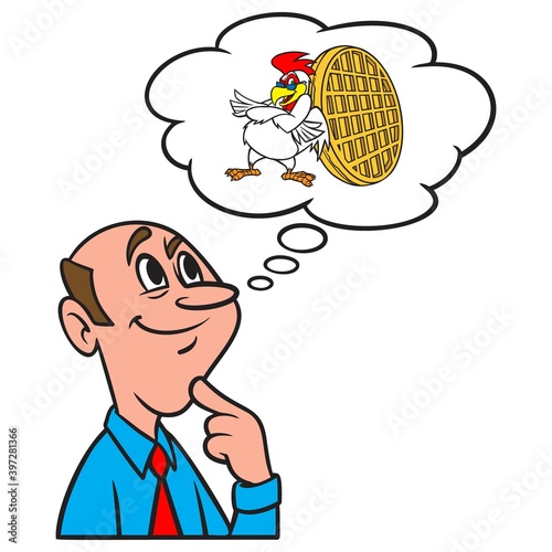 Thinking about about Chicken and Waffles - A cartoon illustration of a man thinking about having Chicken and Waffles for Breakfast.