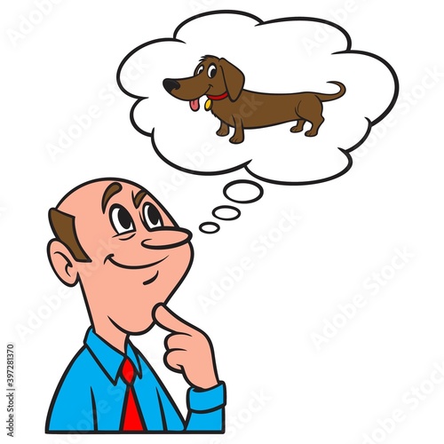 Thinking about a Dachshund - A cartoon illustration of a man thinking about getting a Dachshund for a pet.