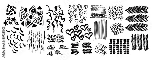 set of vector abstract spots and brush strokes, pen doodles lines. Collection of handdrawn elements and grunge textures isolated on white, ideal for design postcards and artistic backgrounds, fabrics