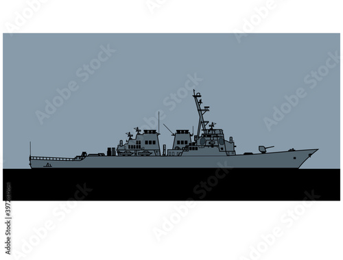 US Navy Arleigh Burke-class guided missile destroyer. Vector image for illustrations and infographics.