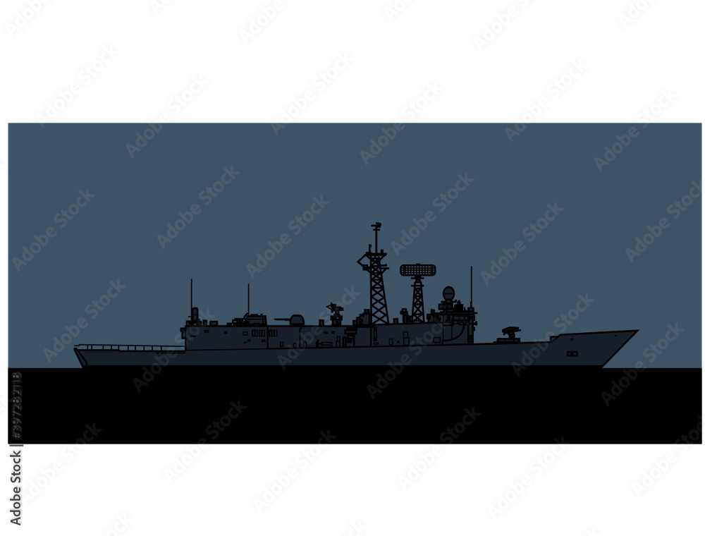US Navy Oliver Hazard Perry-class guided-missile frigate. Vector image for illustrations and infographics.