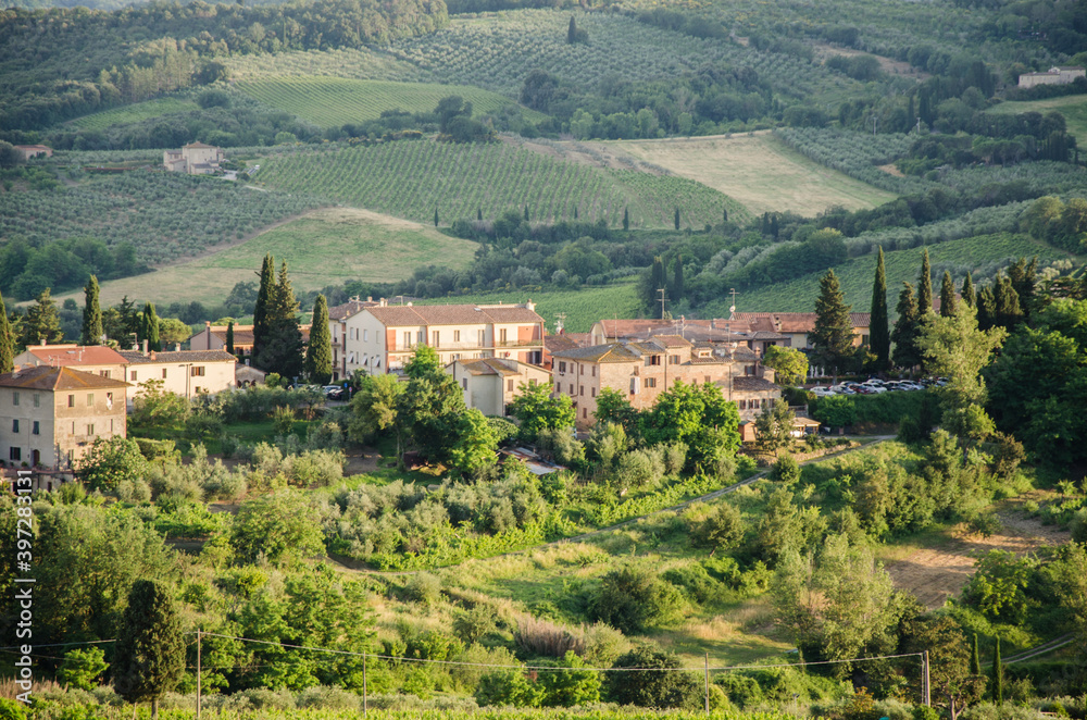 Fototapeta premium A castle on top of a lush green field. Tuscany, Italy.