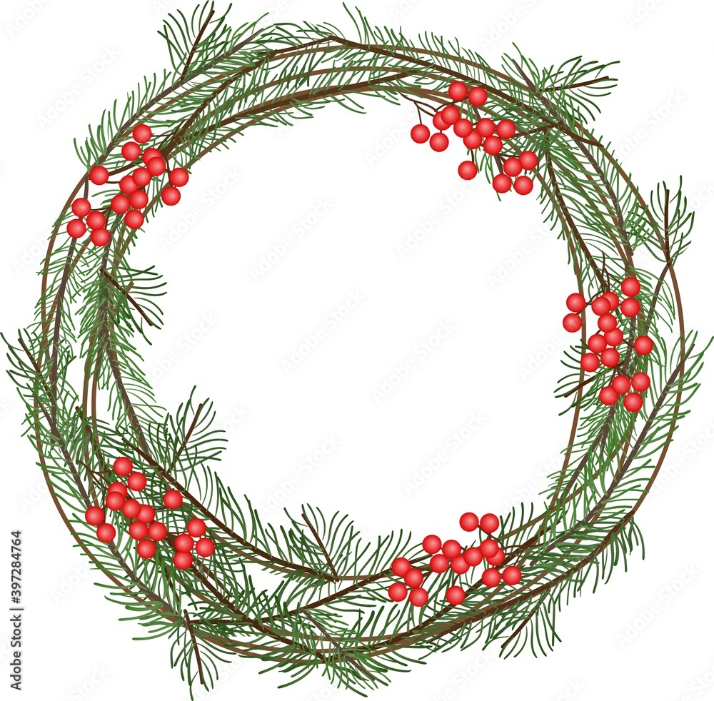 Christmas wreath of fir branches with red berries, simple flat vector illustration Christmas wreath of fir branches with red berries, simple flat vector illustration