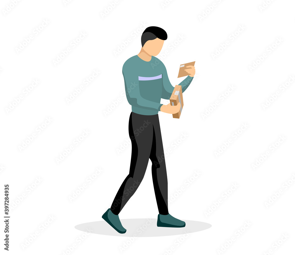 Young man received letter and parcel package box by post office goes and reads envelope. Delivery service picking up order vector isolated eps illustration