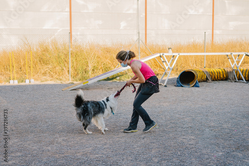 Border Collie dog pulling rope from hand of female instructor during training on playground with agility equipment