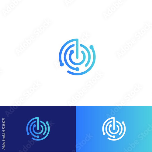 Sonar or radar vector logo concept. Business scanner or indicator isolated icon. Round blue linear logotype for tracked and reported technology service, business security app