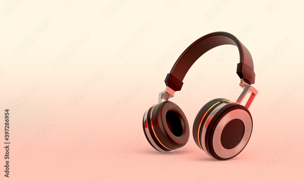Headphones on a yellow background. Music. 3D rendering. Headphones on a yellow background. Music. 3D rendering.