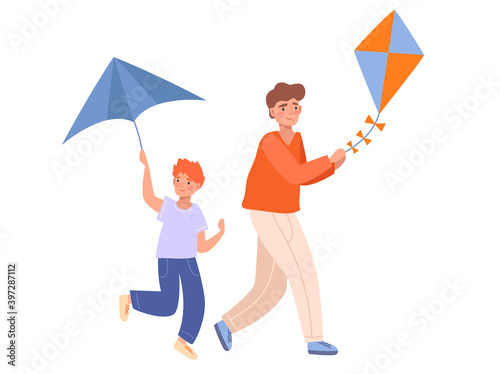 Two brothers playing with kites. Concept family time together, relationship. Cartoon flat colorful vector illustration with fictional characters