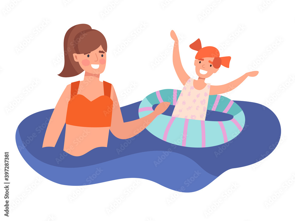 Mother swimming with little daughter. Concept family time together, relationship. Cartoon colorful vector illustration with fictional characters