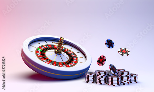 Casino roulette on a white background. Casino chip and dice on a white background. Casino background. 3d rendering.