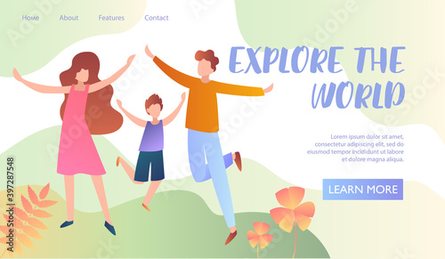 Family exploring the world. Happy family, relationship concept. Cartoon colorful vector illustration with text for banner, postcard, template and advertising. Website, web page, landing page template