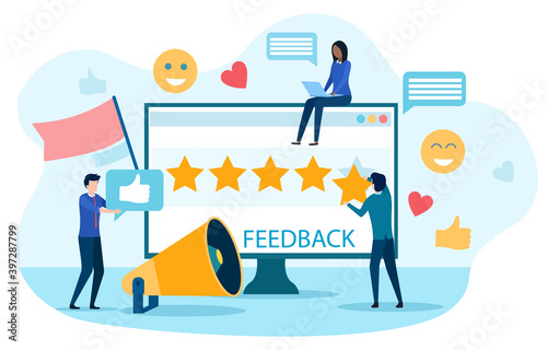 Abstract feedback concept. Idea of reviews and advices. Cartoon flat vector illustration with fictional diverse characters. Website, web page, landing page template
