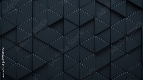 Futuristic, High Tech, dark background, with a triangular block structure. Wall texture with a 3D triangle tile pattern. 3D render photo