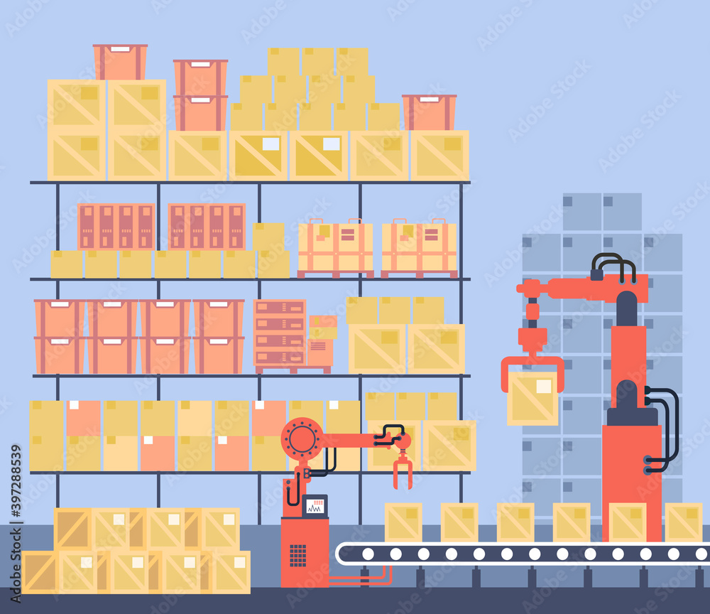 Warehouse Interior. Goods, Freight, Cargo on Shelf. Storage with Pallet, Container and Box. Controlling conveyor belt line, robotic hands