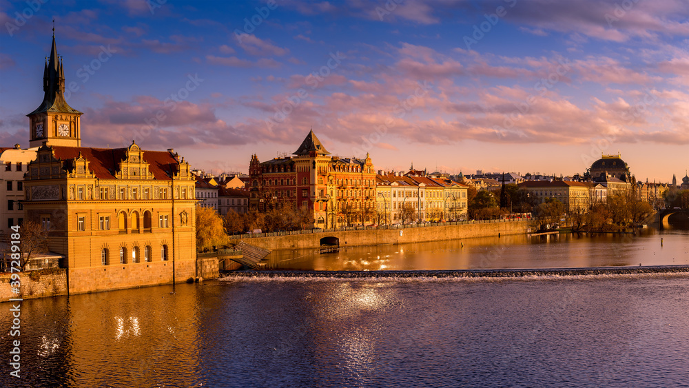 Fototapeta premium View on the Vltava river in the dramatic evening.