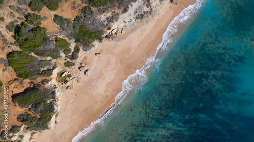 Aerial perspectives of a south Spanish beach in Andalusia with turquoise blue water. Andalusian Atlantic beach background. Ocean in Caños de Meca, Cádiz, Andalusia, Spain.