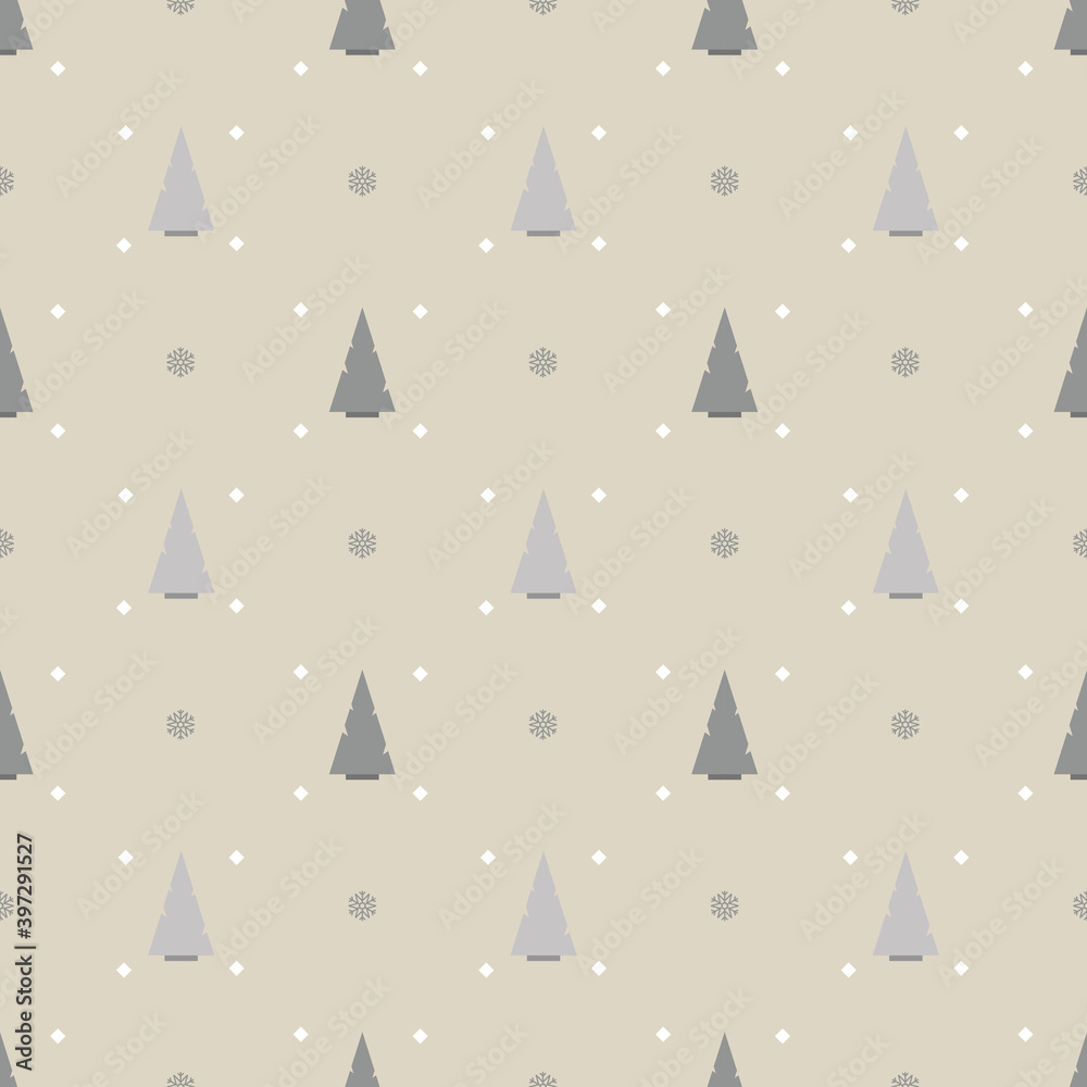 Christmas tree seamless pattern. Gray Christmas trees with white snowflakes on brown background. Happy New Year and Merry Christmas. Vector illustration. EPS 10
