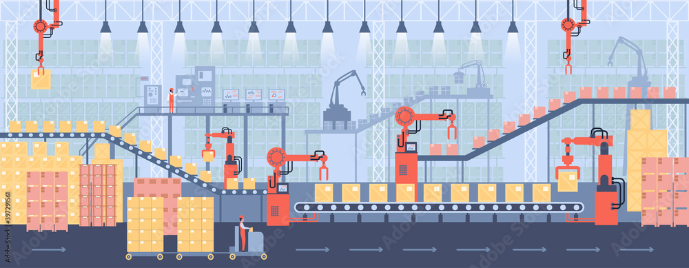 Remote Factory Vector Controlling conveyor belt line, robotic hands, factory automation ...