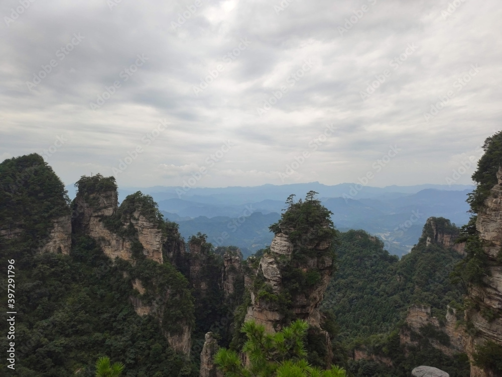 The sandstone pillars. Mountains in the national park Wulingyuan. Zhangjiajie. UNESCO World Heritage Site. China. Asia