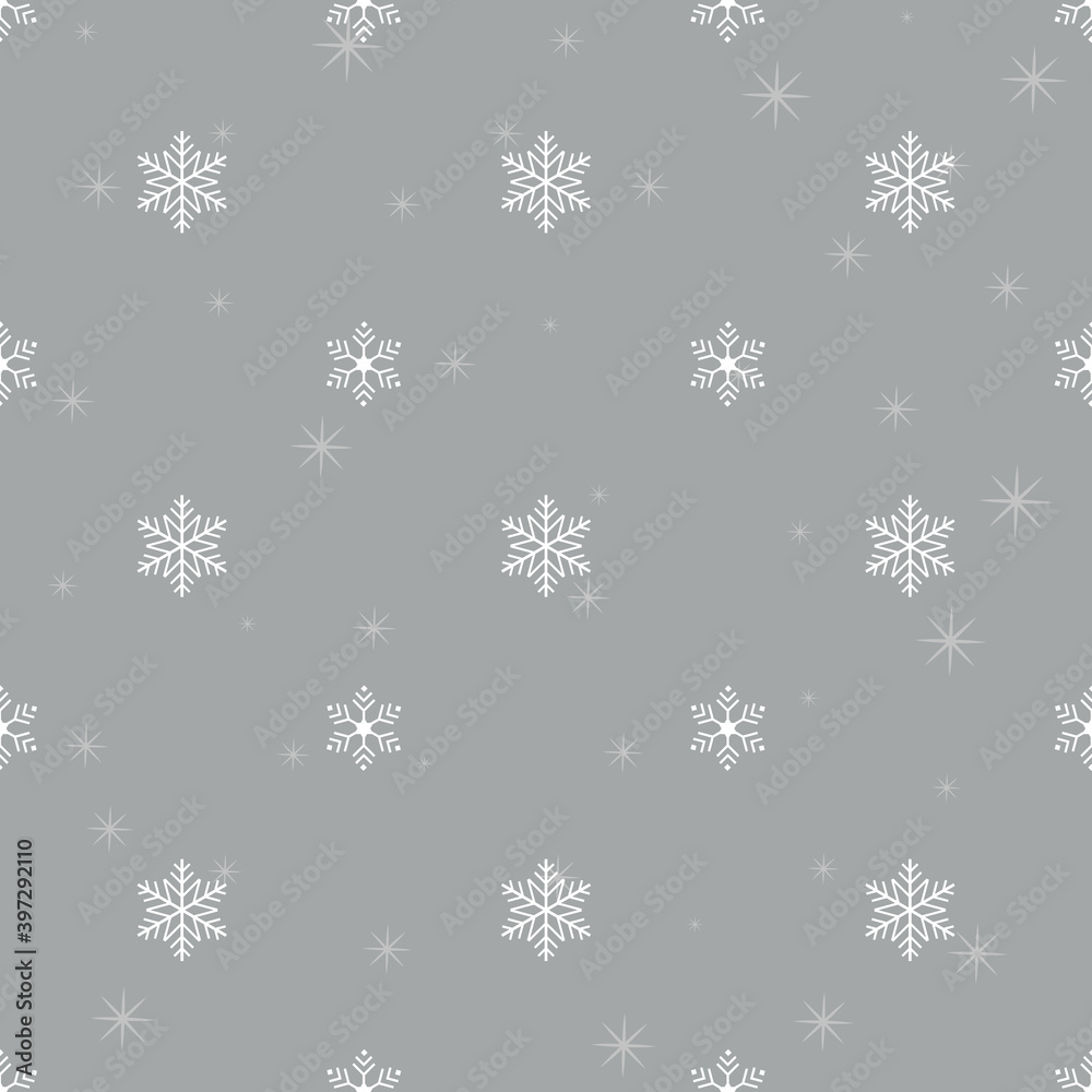 Christmas pattern with white snowflakes on grey background. Vector illustration EPS 10.