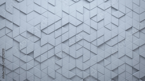 Futuristic, High Tech, light background, with a triangular block structure. Wall texture with a 3D triangle tile pattern. 3D render