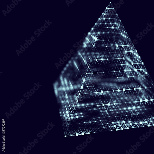 Lighting pyramid with connecting dots and lines. Shining blue triangles on dark background. Concept of connection structure.
