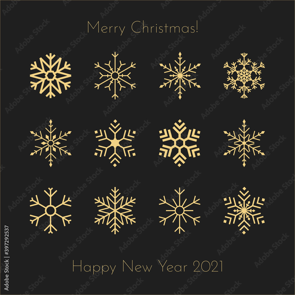 Set of vector golden gradient snowflakes on black background. Winter illustration. Snowflakes for Christmas and New Year. Set of vector golden gradient snowflakes on black background. Winter illustration. Snowflakes for Christmas and New Year.