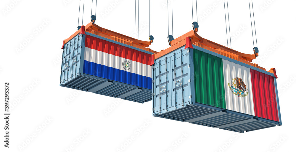 Freight containers with Mexico and Paraguay national flags. 3D Rendering 