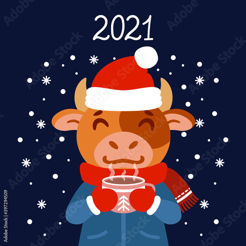 The bull with a cup of tea in winter wear. Ox with a cocoa standing in snow. The symbol of the Chinese New Year 2021. Greeting card with a mouse for the New Year and Christmas.