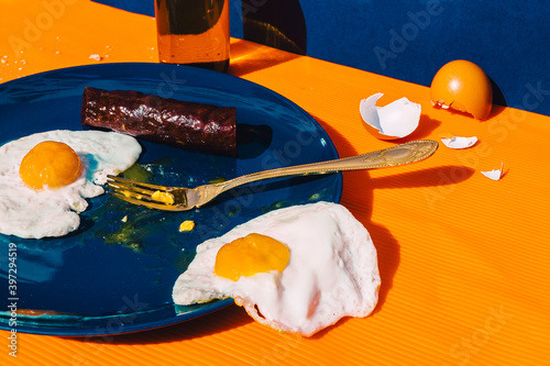 Plate of fried eggs with chorizo