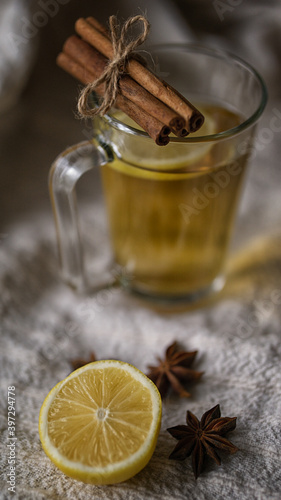 Cup of lemon hot tea honey and cinnamon stick with dried star anise (anason) cold season herbal drink detox