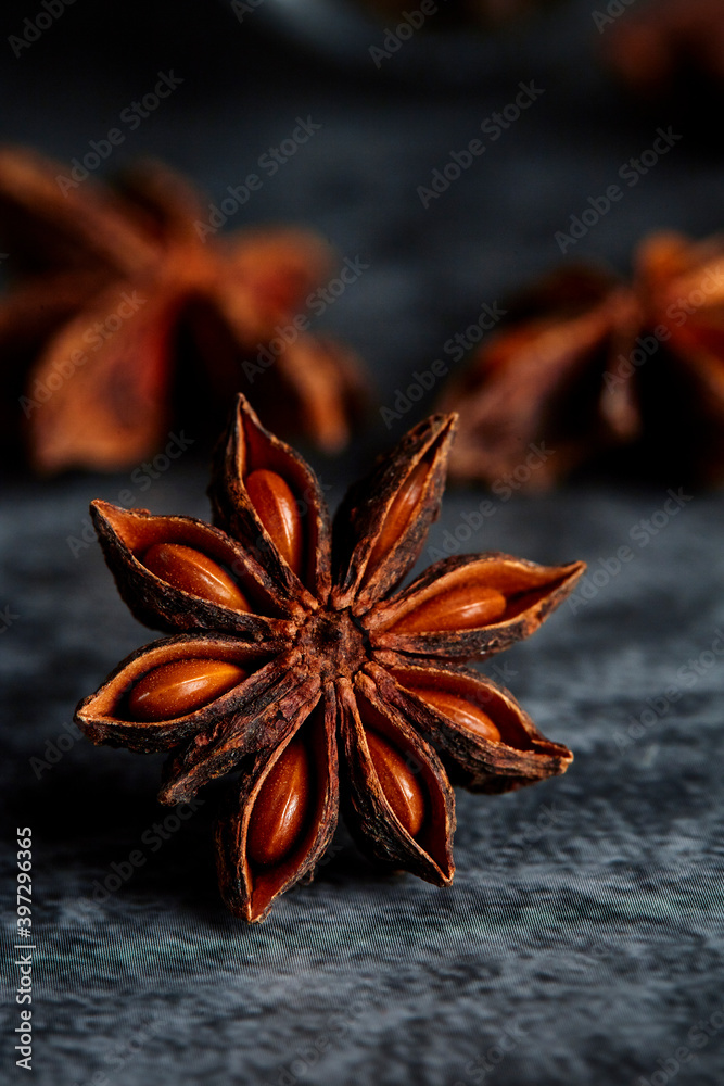 Close up star anise on background in dark and blue tones. In the background two more pieces of anise out of focus