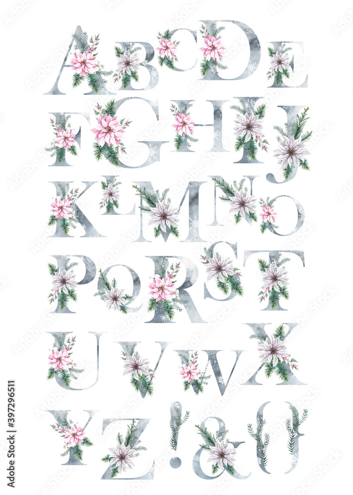 Obraz Beautiful watercolor alphabet on a white background with letters and symbols.
