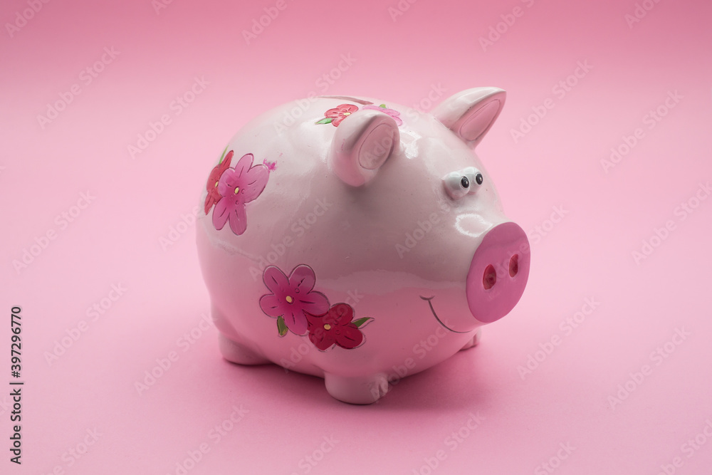 Closeup of pink flowers piggy bank on front view on pink background