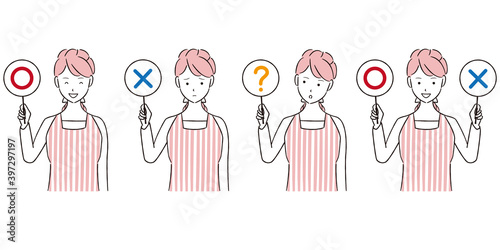 手描き1color エプロンの女性　〇×？