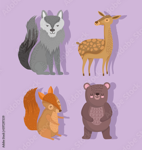 cute wolf reindeer squirrel and bear animal with stars in cartoon design