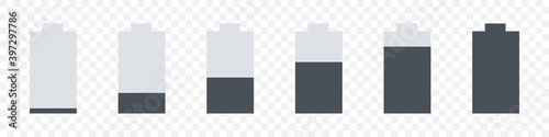 Battery charge indicator icons. Battery energy level from low to high. Charger phases illustrations. Vector illustration
