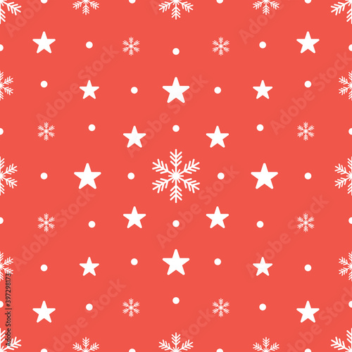 The seamless pattern with the white snowflakes and stars on the red background. The save with the Clipping Mask.