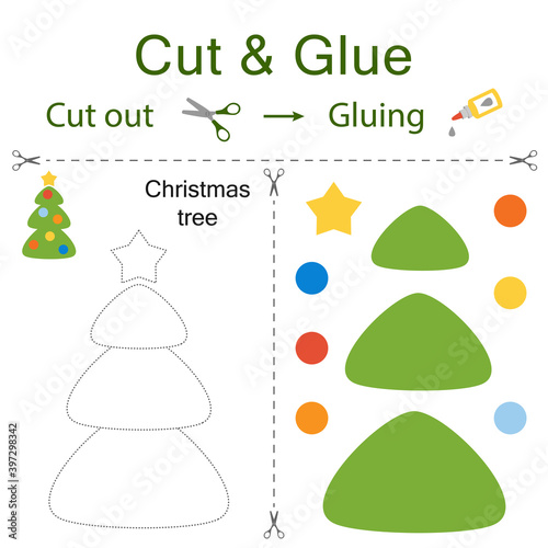 Cut and glue is the paper game for the development of preschool children. Cut parts of the image and glue on the paper. Christmas tree. Vector illustration in flat style