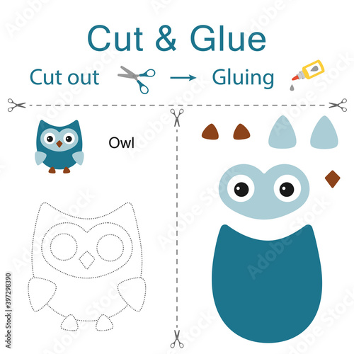 Cut and glue is the paper game for the development of preschool children. Cut parts of the image and glue on the paper. Owl. Vector illustration in flat style