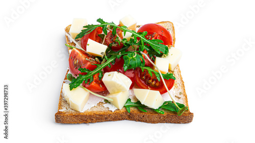 Bruschetta with vegetables and mozzarella cheese on a white background. High quality photo