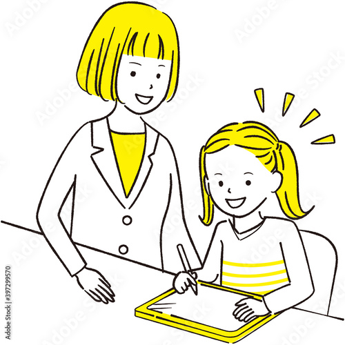 手描き1color  タブレットで勉強を見てもらう女の子