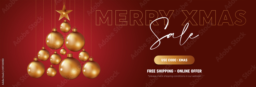Naklejka premium Christmas sale background, card, poster, holiday cover, web banner. Modern Xmas design in realistic style with hanging Christmas balls and Christmas star.