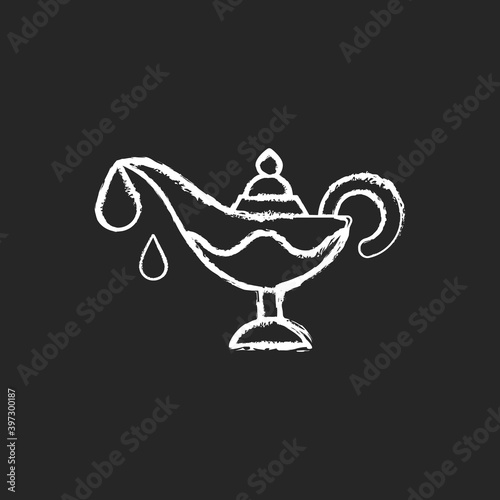 Lamp oil chalk white icon on black background. Ramadan traditional item. Everyone is keeping fire in house. Religious traditions. Interesting ritual. Isolated vector chalkboard illustration